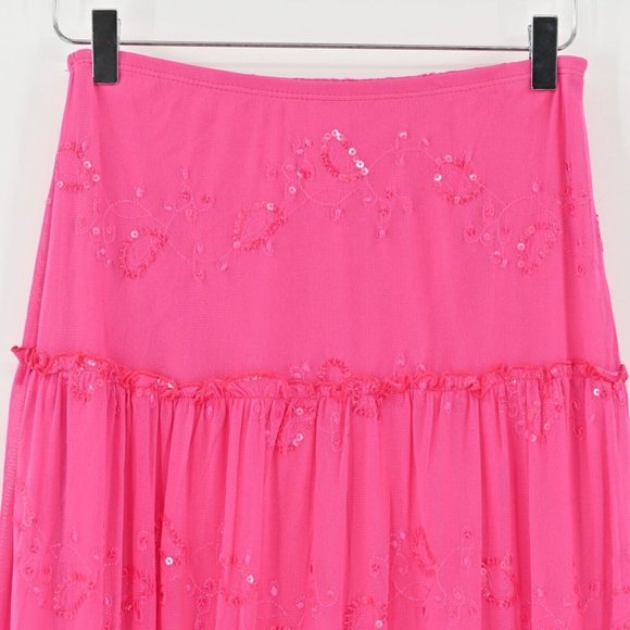 Vintage Y2k WHIZ Pink Midi Skirt Barbiecore Sequin Paisley Ruffle Womens Size L - Picture 6 of 9
